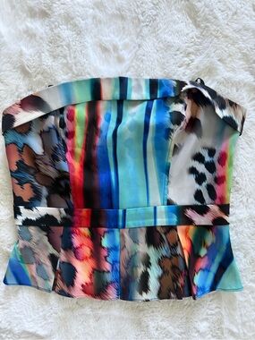 bebe Multicolor Strapless Satin Peplum Top